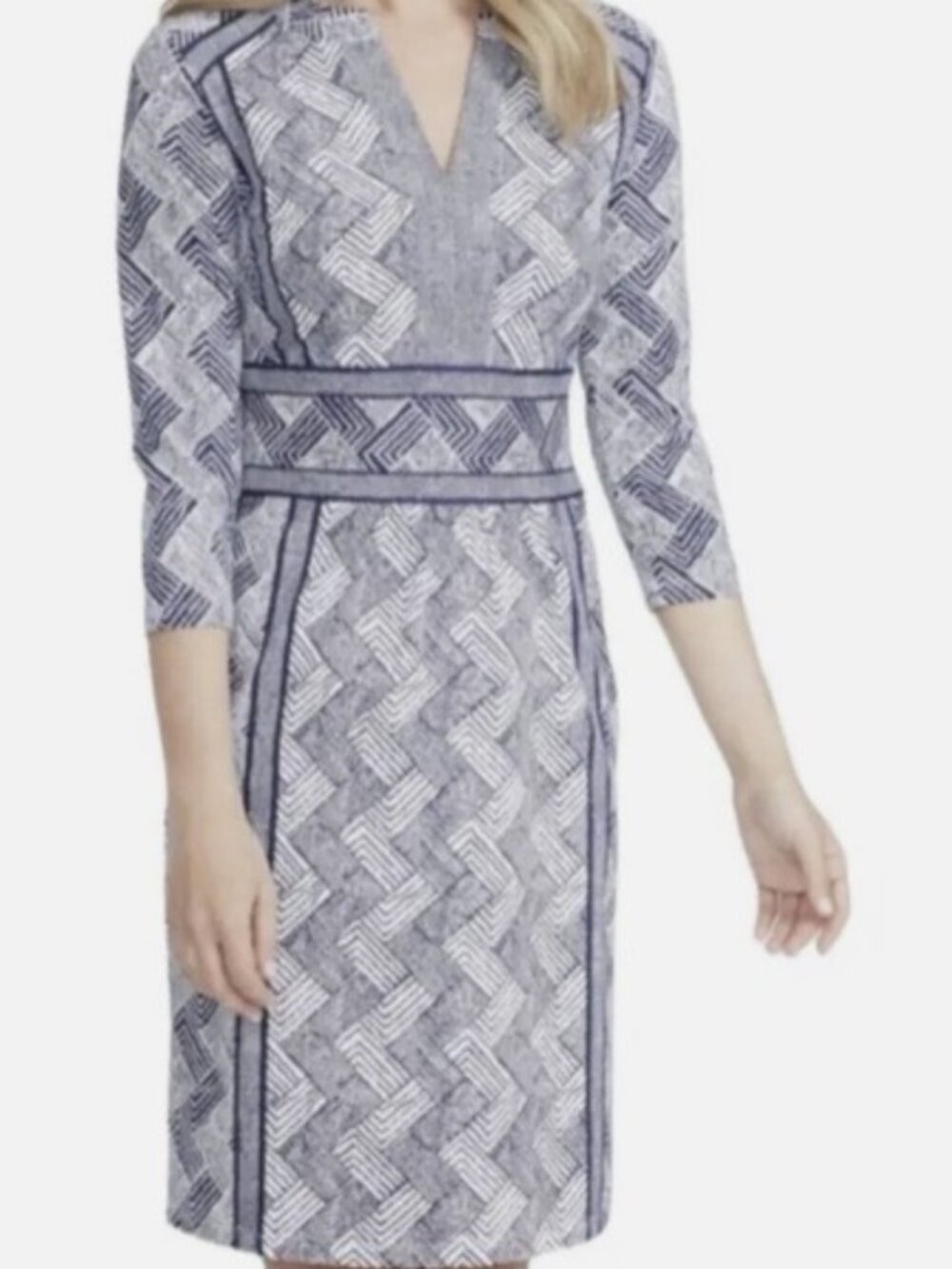 J. McLaughlin | Lola Geometric Print 3/4 Sleeve Dress Catalina Cloth Sz Small